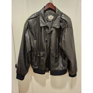 Cougar International Bomber Jacket Men’s Black Leather Harrington Pilot L Coat